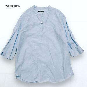 美品＊ESTNATION エストネーション リネン混 バンドカラー シャツ プルオーバー 水色 ライトブルー L