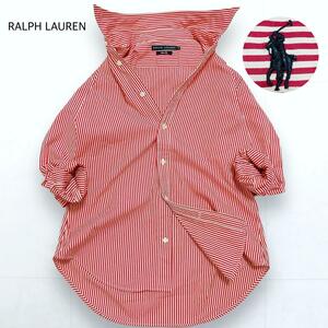 極美品＊RALPH LAUREN ラルフローレン 赤ストライプ シャツ 袖ポニー刺繍 長袖 10 レディース L