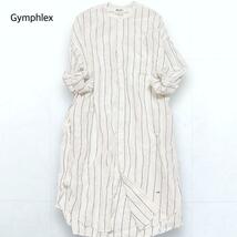 Gymphlex ジムフレックス リネン100 バンドカラー ロングシャツワンピース 青ストライプ 白 ホワイト 刺繍 レディース 12_画像1