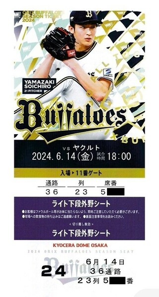 オリックスBuffaloes vs 東京ヤクルトSwallows 6/14(金) ライト下段外野シート