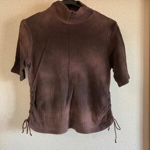 レディース　半袖 Tシャツ カットソー トップス　ハイネック 茶色　マーブル　サイド紐　リボン　綿　日本製