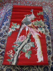 051608古紙　絹　刺繍　孔雀と牡丹　唐物　戦時満州伝来　布織品　中華民国時期　23052412