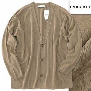  new goods in worn to needle pulling out rib knitted cardigan L beige [I53796] men's INHERIT cotton sweater washer bru feather weave 