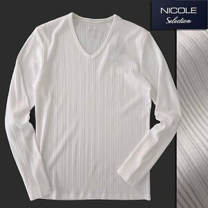 新品 ニコル ランダム テレコ Vネック 長袖 カットソー 48(L) 白 【I43996】 NICOLE Selection 春夏 Tシャツ ロンT リブ コットン