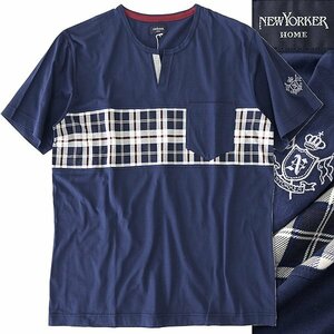  new goods new yo- car check embroidery b locking key neck T-shirt L navy blue [I58446] spring summer men's NEWYORKER short sleeves crew neck 