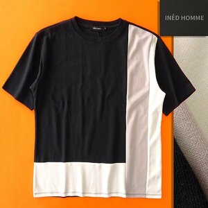 新品 イネドオム トリコロール 切替 クルーネック 半袖 カットソー M 黒 【I52836】 メンズ INED HOMME 洗濯可 Tシャツ ストレッチ