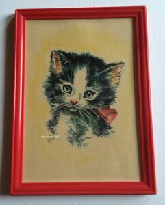 【北欧雑貨スウェーデン】ヴィンテージ◆猫のイラストのカードが入った古い小さな赤いプラスティックの額