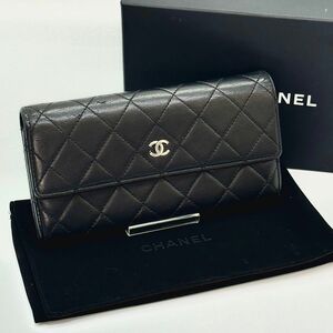 シャネル CHANEL マトラッセ ラムスキン ココマーク スナップボタン シングルフラップ長財布 黒