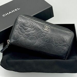 シャネル CHANEL カメリア ラウンドファスナー長財布 黒