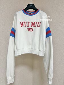 ミュウミュウ miumiu 美品 22年 MIUMIU CLUB FELPA LOGO クロップド スウェット トレーナー オーバーサイズ クルーネック MJL870 白 XS