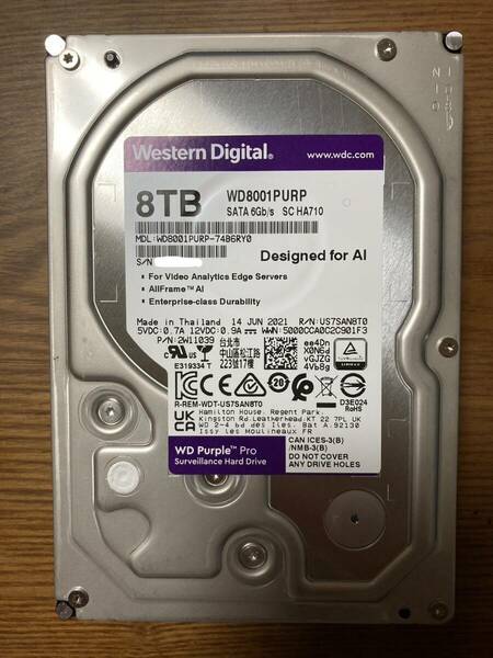 【駆動時間僅か】Western Digital Purple Pro WD8001PURP 3.5インチHDD 8TB（スマートビデオ用途・高性能HDD/使用時間：20時間未満）