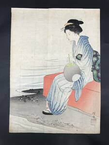 Art hand Auction EK0528-18◆Estampe sur bois de Takeuchi Keishu, Belle femme sur une plate-forme de refroidissement, Ukiyo-e, Nishiki-e, Impression sur bois, Authentique, Environ. 22, 2 x 30, 6 cm, Peinture, Ukiyo-e, Impressions, Portrait d'une belle femme