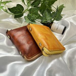 ミニ財布　二つ折り　本革　牛革 レザー ラウンドファスナー バイカー イエロー 黄色　金運アップ　金運財布　ミニウオレット　小さい財布