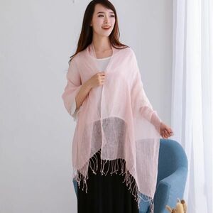 上質フランス天然リネンlinen 亜麻100％♪UVカット 加工大判ストール/ショール/スカーフ♪可愛い桜色 UV対策 冷房対策 誕生日 プレゼント