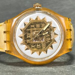 希少 SWATCH スウォッチ AUTOMATIC オートマチック AG1993 腕時計 自動巻き アナログ スケルトン イエロー ゴールド レザー 動作確認済みの画像4