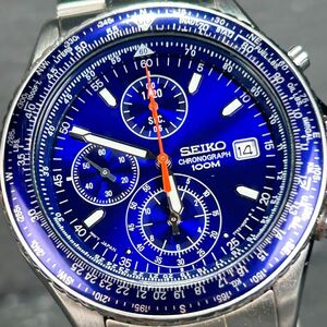海外モデル美品 SEIKO セイコー パイロット クロノグラフ SND255P1 腕時計 クオーツ アナログ ブルー文字盤 ステンレススチール 動作確認済