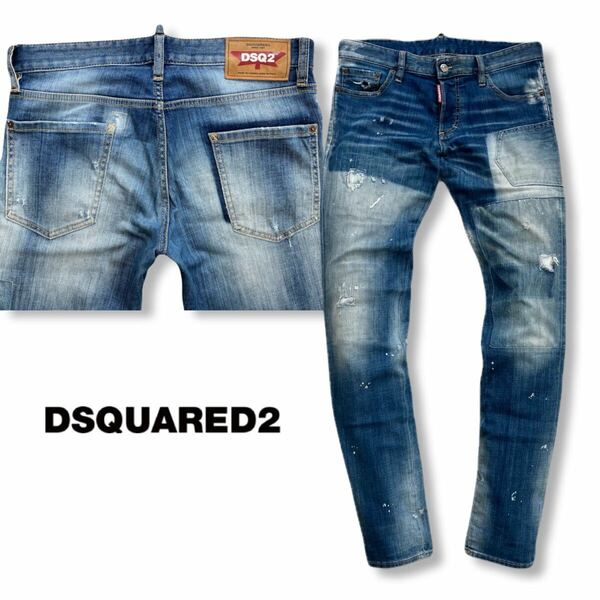 送料無料 Safari掲載 DSQUARED2 ディースクエアード18SSパッチワーク インディゴ エイジング SLIM JEAN ストレッチ デニム 48 S71LB0457