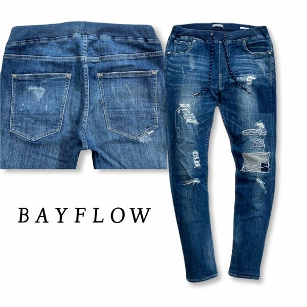 送料無料 BAYFLOW DENIM ベイフロー ダメージ リペア加工 イージー デニム パンツ スリム サイズ2 テーパード ジーンズ バンダナ柄