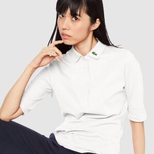 ラコステ LACOSTE スリムフィット襟ロゴ比翼ポロ ホワイト　白　M36