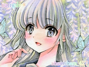 オリジナル手描きイラスト☆制服少女＜藤の花＞☆中色紙