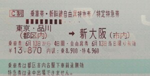 東京発~新大阪着 or 新大阪発~東京着の、自由席特急券と乗車券