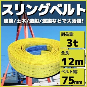 スリングベルト 12m 幅75mm 使用荷重3t 玉掛け 帯 ベルトスリング 繊維 吊り具 クレーン 建設 船舶 運搬 土木