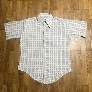 80s 韓国製 creations dress shirt 総柄 半袖シャツ 白 茶色 サイズ不明 S〜M相当 古着 ヴィンテージ ドレスシャツ