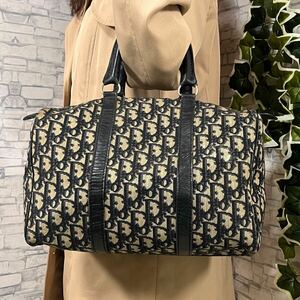 【美品】Christian Dior クリスチャンディオール トロッター ミニボストンバッグ ハンドバッグ 旅行鞄 キャンバス レザー 本革 ネイビー