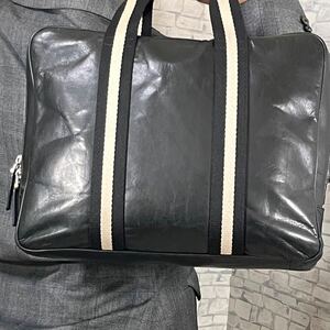 【美品】BALLY バリー メンズ ビジネスバッグ ブリーフケース 手提げ 書類鞄 トレスポ レザー 本革 キャンバス A4◎ ブラック ストライプ