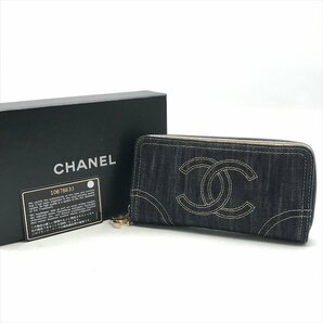 1円 CHANEL シャネル ココマーク デニム ラウンドファスナー 二つ折り 長財布 ウォレット a3229の画像1