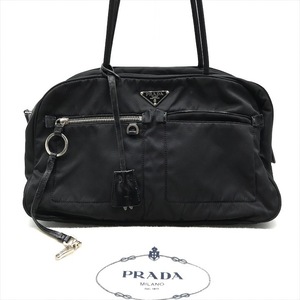 良品 PRADA プラダ 三角ロゴ フロントジップ テスート ナイロン トート ショルダー バッグ ブラック a3595