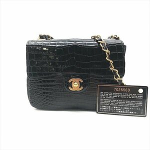 1円 美品 CHANEL シャネル シャイニー クロコ ミニ マトラッセ チェーン ショルダー バッグ ブラック m12818