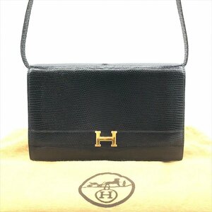 1円 美品 HERMES エルメス アニー リザード ロゴ金具 マルL刻印 2WAY ショルダー クラッチ バッグ ブラック a3241