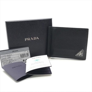 超美品 PRADA プラダ 三角ロゴ サフィアーノ レザー マネークリップ 二つ折り 財布 札入れ ブラック a3516