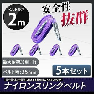 ★送料無料★【5本セット】ナイロンスリングベルト 2ｍ 1000kg 幅25mm 耐荷重1ｔ★荷揚げ 吊り上げ 吊り下げ 玉掛け運搬に!