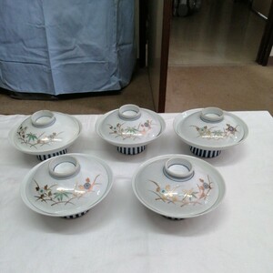 計5客 菊三郎 丼物 金 骨董 陶磁器 手描き 皿 和 日本 (約直径15.5×高6.2cm)