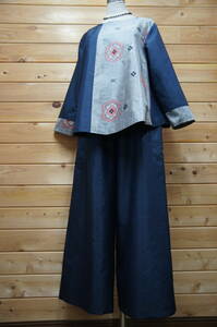  pine crane kimono remake peace pattern hand made 2 kind Ooshima pongee blouse & wide pants set 
