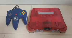  任天堂 NINTENDO64 ニンテンドー64 クリアレッド 本体 コントローラー ブルー 短時間のゲームできたのみ確認 ジャンク