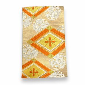 正絹 袋帯 礼装用 フォーマル 着物 オレンジ　金彩　菱形 