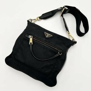 1 jpy ~[ top class ]PRADA Prada sakoshu nylon × leather shoulder bag 3 angle Logo metal fittings black diagonal .. shoulder .. Cross body leather Gold 