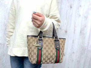 極美品 GUCCI グッチ シェリーライン GGキャンバス ハンドバッグ バッグ キャンバス×レザー 茶系 71538