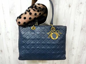 極美品 Christian Dior クリスチャン ディオール レディディオール カナージュ ハンドバッグ ショルダー バッグ レザー 紺 A4収納可 65955