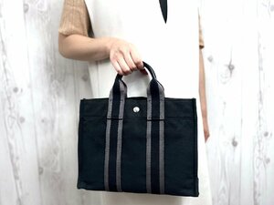 極美品 HERMES エルメス フールトゥPM ハンドバッグ トートバッグ キャンバス 黒×グレー 72054