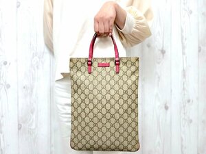 極美品 GUCCI グッチ GGスプリーム トートバッグ ハンドバッグ バッグ レザー 茶×ピンク A4収納可 70161