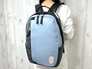 未使用展示品 COACH コーチ シグネチャー リュックサック バックパック バッグ レザー×PVC 水色×紺 A4収納可 メンズ 71461Y