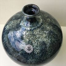 小石原焼 細口丸胴 壷 花瓶 高32×径29cm 在印 海鼠釉 花器 飾り壺 民陶 民藝 ラベルシール付 通商産業大臣指定伝統的工芸品_画像5