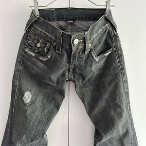 y2k TRUE RELIGION トゥルーレリジョン USA製 JOEY ブラックデニム ジーンズ w30程度 ユーズド加工 フレア ブーツカット 古着