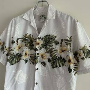 90s KY'S HAWAII производства Hawaiian рубашка гавайская рубашка S гибискус botanikaru белый б/у одежда довольно большой 