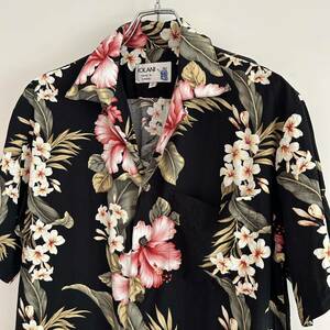80s 90s IOLANIi Ora niHAWAII made rayon loop color shirt aloha shirt Hawaiian shirt S. collar hibiscus black old clothes 