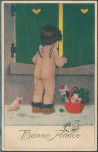 アンティーク・ポストカード　『F.B. /新年、子豚を連れた天使、四葉のクローバー＊1925年』